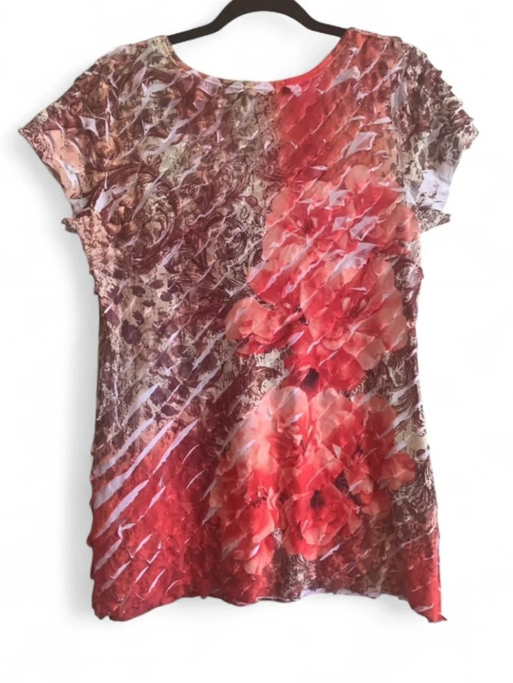 Y2K Dressbarn Ruffled Coral Red Floral Top size Large - Picture 3 of 3
